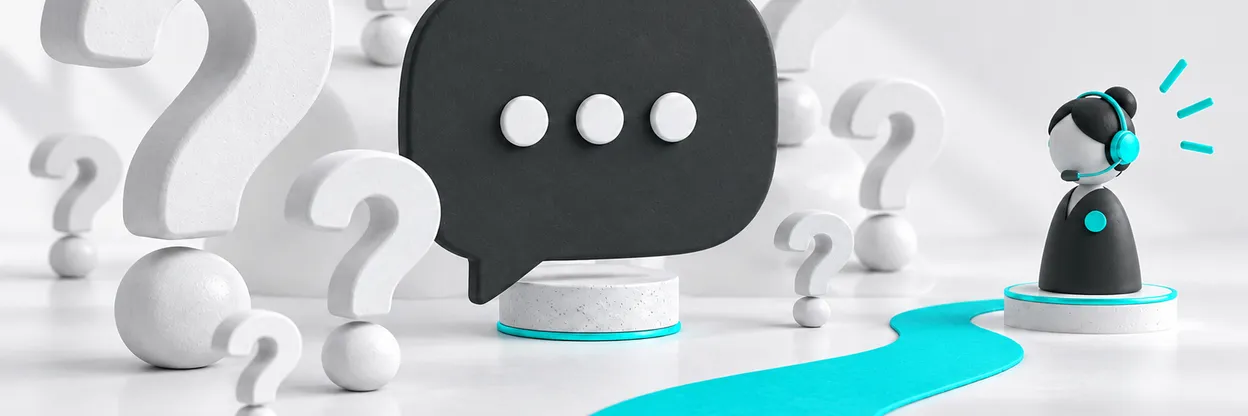 Pontos de interrogação ao redor de um balão de conversa e de uma figura de atendente.