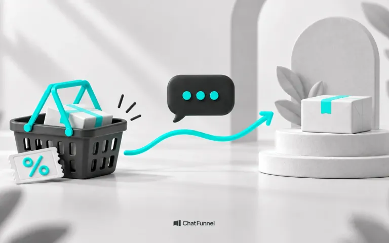 Cesta com uma compra interrompida, cupom e balão de conversa ligados por uma seta a um pacote.