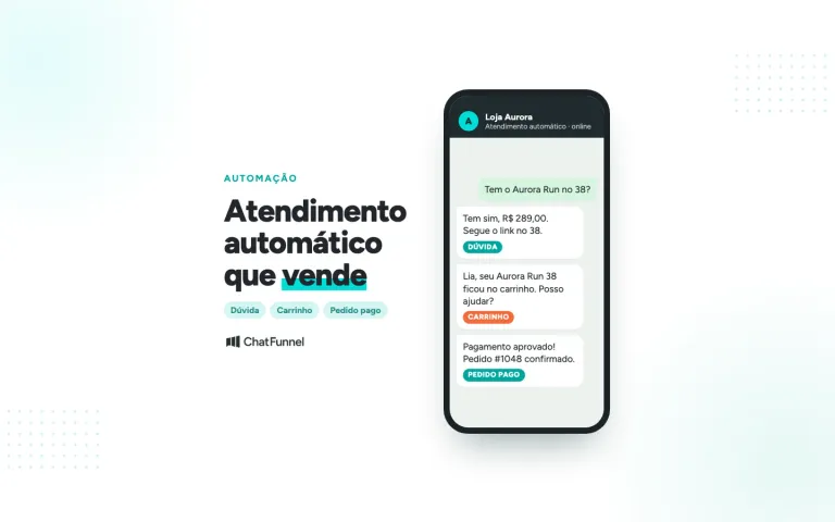 Celular com atendimento automático da Loja Aurora levando a dúvida de tamanho até o pedido pago no WhatsApp