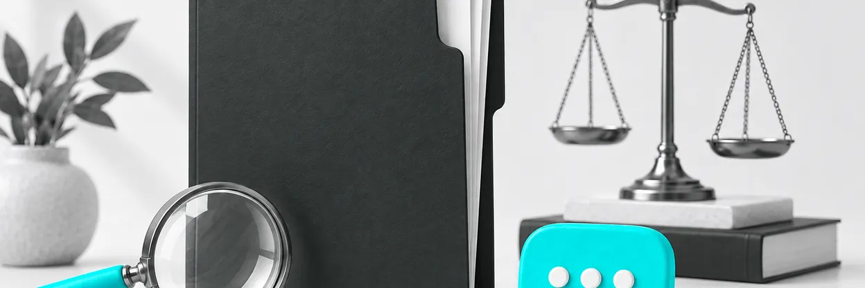 Pasta jurídica, lupa e balão de conversa para avaliar um atendimento digital.