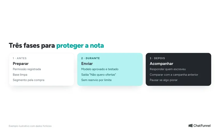 Checklist do disparo em massa em três fases, antes, durante e depois, para proteger a qualidade do número