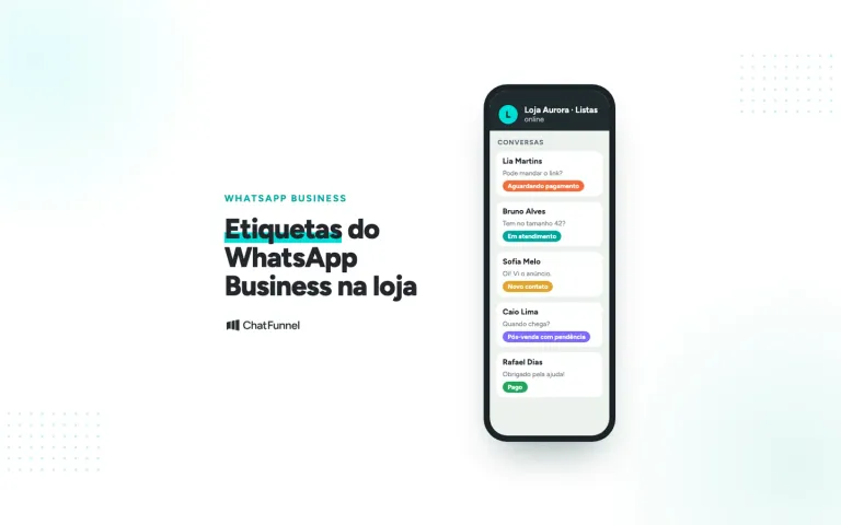 Celular com lista de conversas de uma loja, cada uma com etiqueta colorida como Aguardando pagamento e Pago