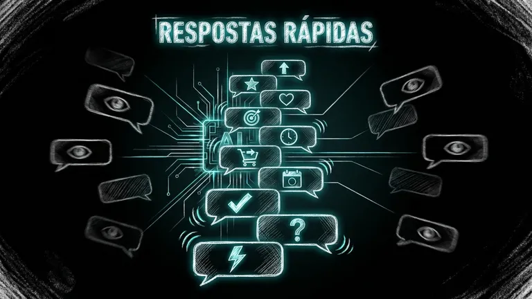 Balões de mensagem com símbolos de coração, dúvida e raio sob o título Respostas rápidas.