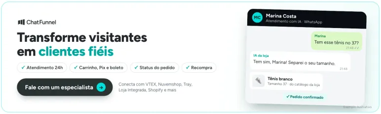 Banner do ChatFunnel: transforme visitantes em clientes fiéis com IA para e-commerce. Fale com um especialista