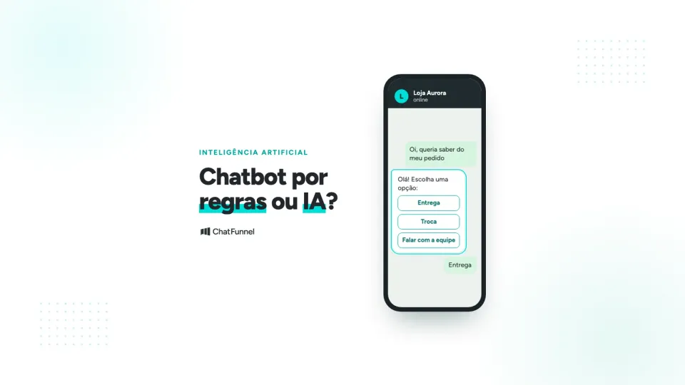 Celular com menu de botões de um chatbot por regras (Entrega, Troca, Falar com a equipe), ao lado do título "Chatbot por regras ou IA?"