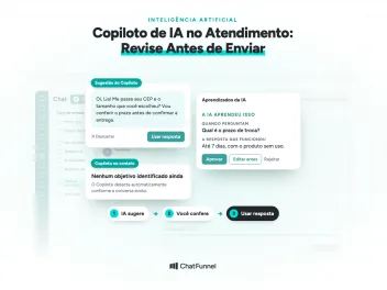 Chat do ChatFunnel com a Sugestão do Copiloto, o card de objetivos e um aprendizado da IA para aprovar antes de usar.