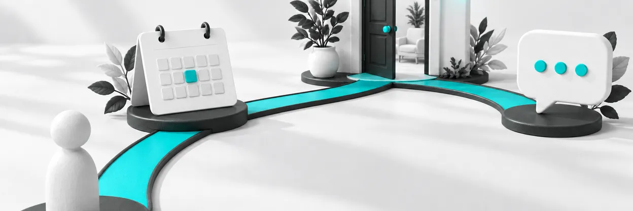 Caminho entre mensagem, cartão de agendamento e entrada de uma clínica.