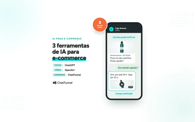 Celular com a Loja Aurora recuperando um carrinho no WhatsApp com foto de estúdio e vídeo do produto, ao lado do título 3 ferramentas de IA para e-commerce