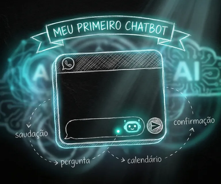 Janela de conversa desenhada sobre um cérebro iluminado, em uma ilustração de chatbot.