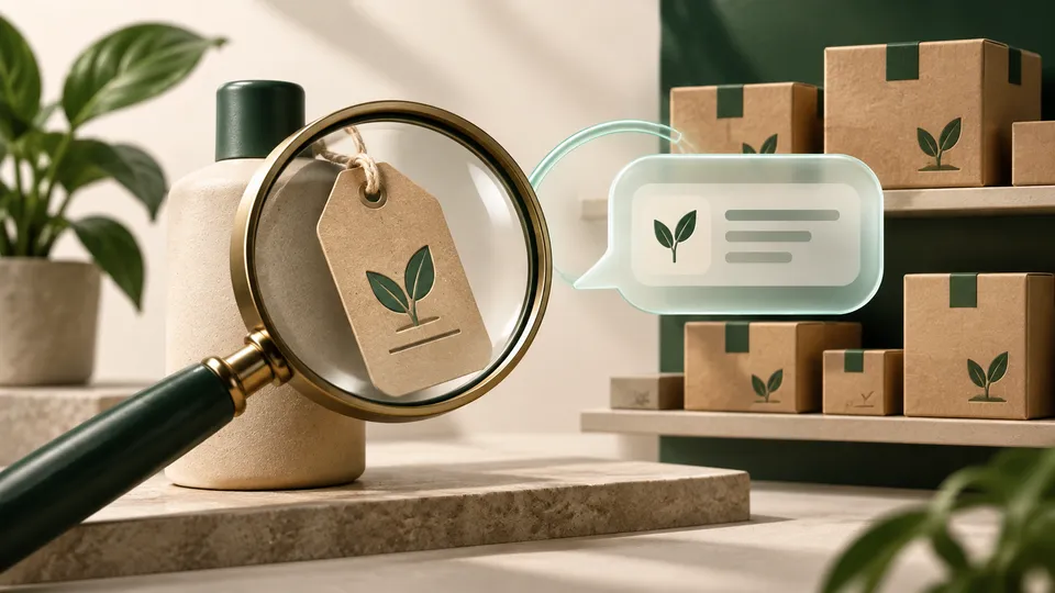 Lupa sobre etiqueta de produto, com caixas em prateleiras e um balão de conversa.