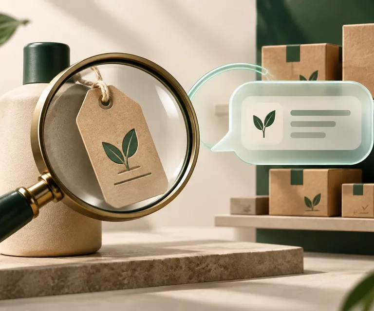 Lupa sobre etiqueta de produto, com caixas em prateleiras e um balão de conversa.