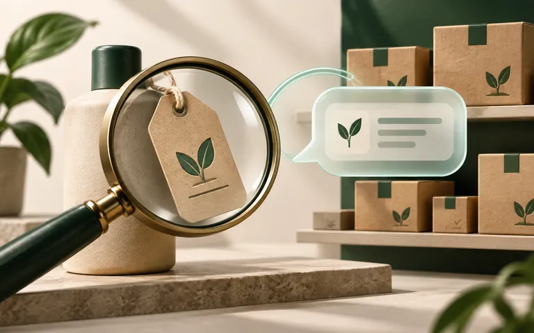 Lupa sobre etiqueta de produto, com caixas em prateleiras e um balão de conversa.
