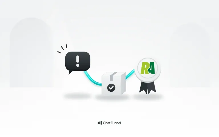 Balão de reclamação, caixa com check e selo com o logo do Reclame Aqui ligados por um fio ciano, até a boa reputação