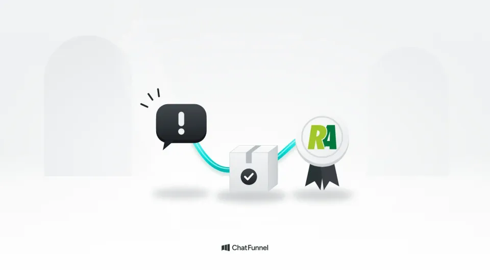 Balão de reclamação, caixa com check e selo com o logo do Reclame Aqui ligados por um fio ciano, até a boa reputação