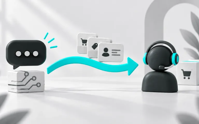 Seta ciano leva uma conversa e fichas de contexto da IA a um atendente com headset.