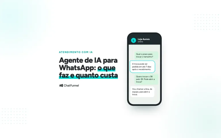 Celular com a conversa de WhatsApp em que o agente de IA da loja responde sobre troca, ao lado do título do artigo.