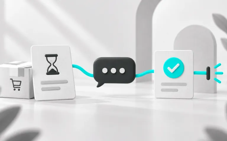 Ficha de pagamento pendente ligada a uma conversa e a uma confirmação que encerra a sequência.
