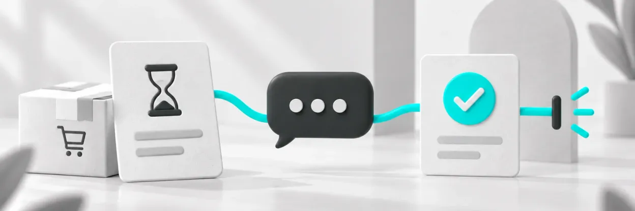 Ficha de pagamento pendente ligada a uma conversa e a uma confirmação que encerra a sequência.