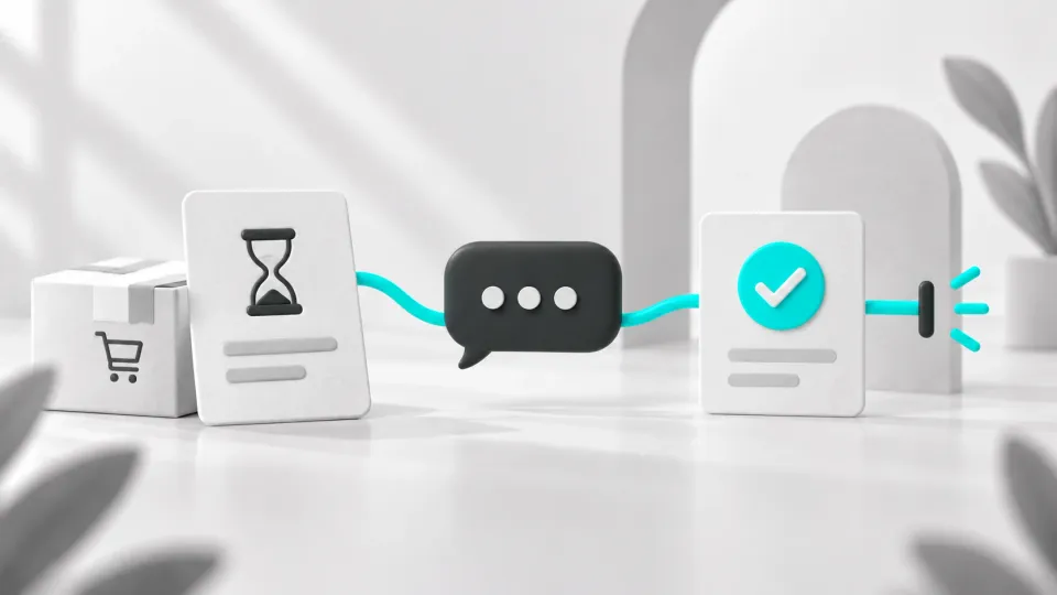 Ficha de pagamento pendente ligada a uma conversa e a uma confirmação que encerra a sequência.