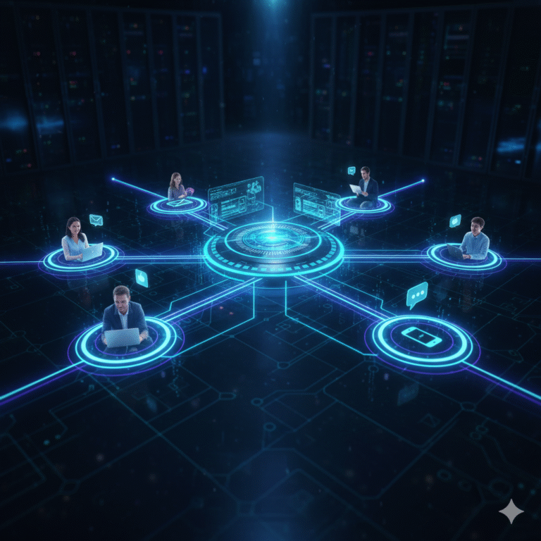 Um hub central de automação digital, como um painel de controle futurista, de onde partem várias 'estradas' ou 'fluxos de comunicação' para diferentes plataformas (email, redes sociais, chat).