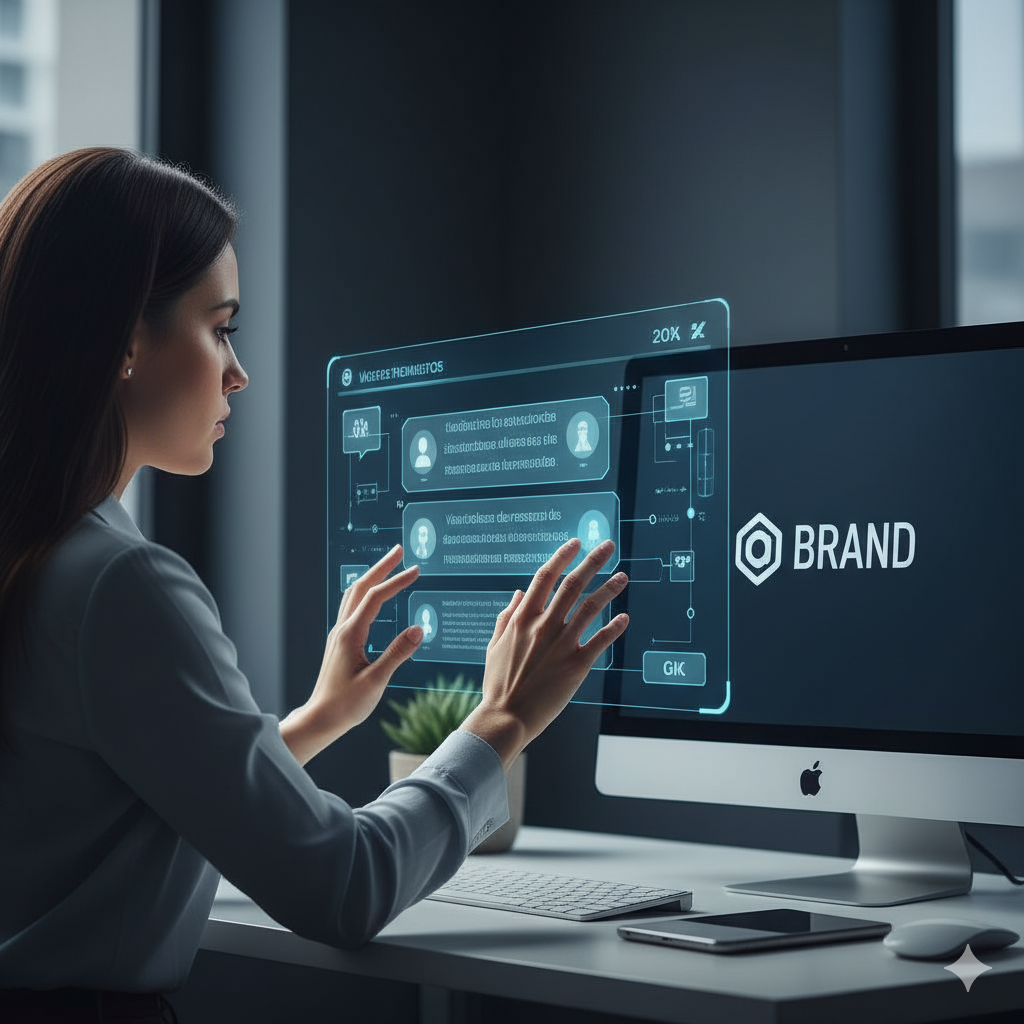 Mulher ajustando mensagens em uma tela holográfica, com um monitor exibindo um logo de marca ao lado.